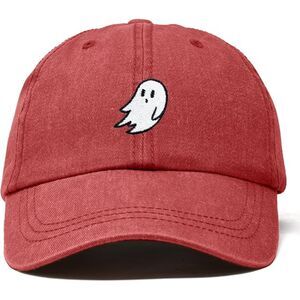 Unisex Washed Red 100% Cotton Ghost Embroidered Adjustable Buckle Baseball Cap